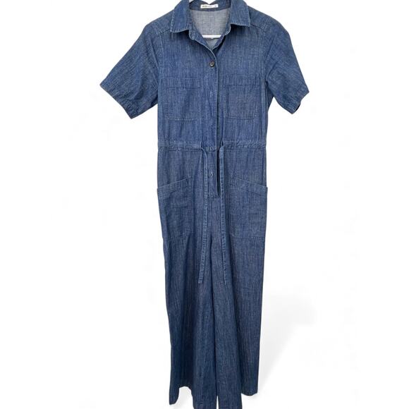Marine Layer XS Joni Jumpsuit Dark Denim One Piece Outfit Wide Leg Short Sleeve - Picture 4 of 10
